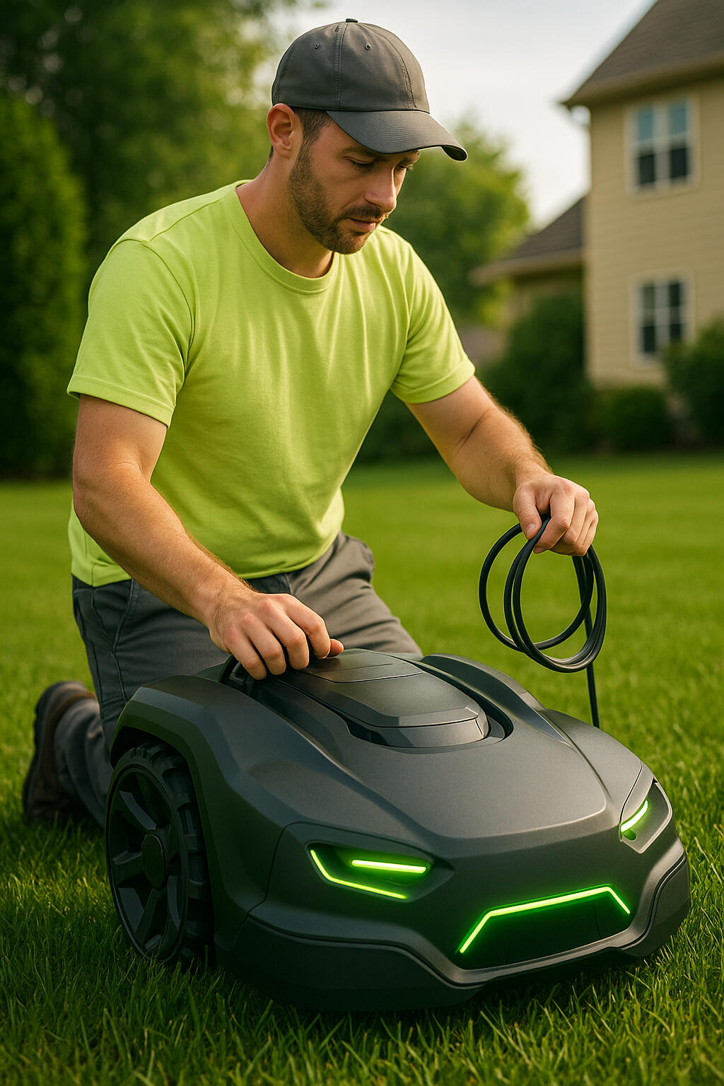 Romow technician guiding mower during setup in North Oaks, MN
