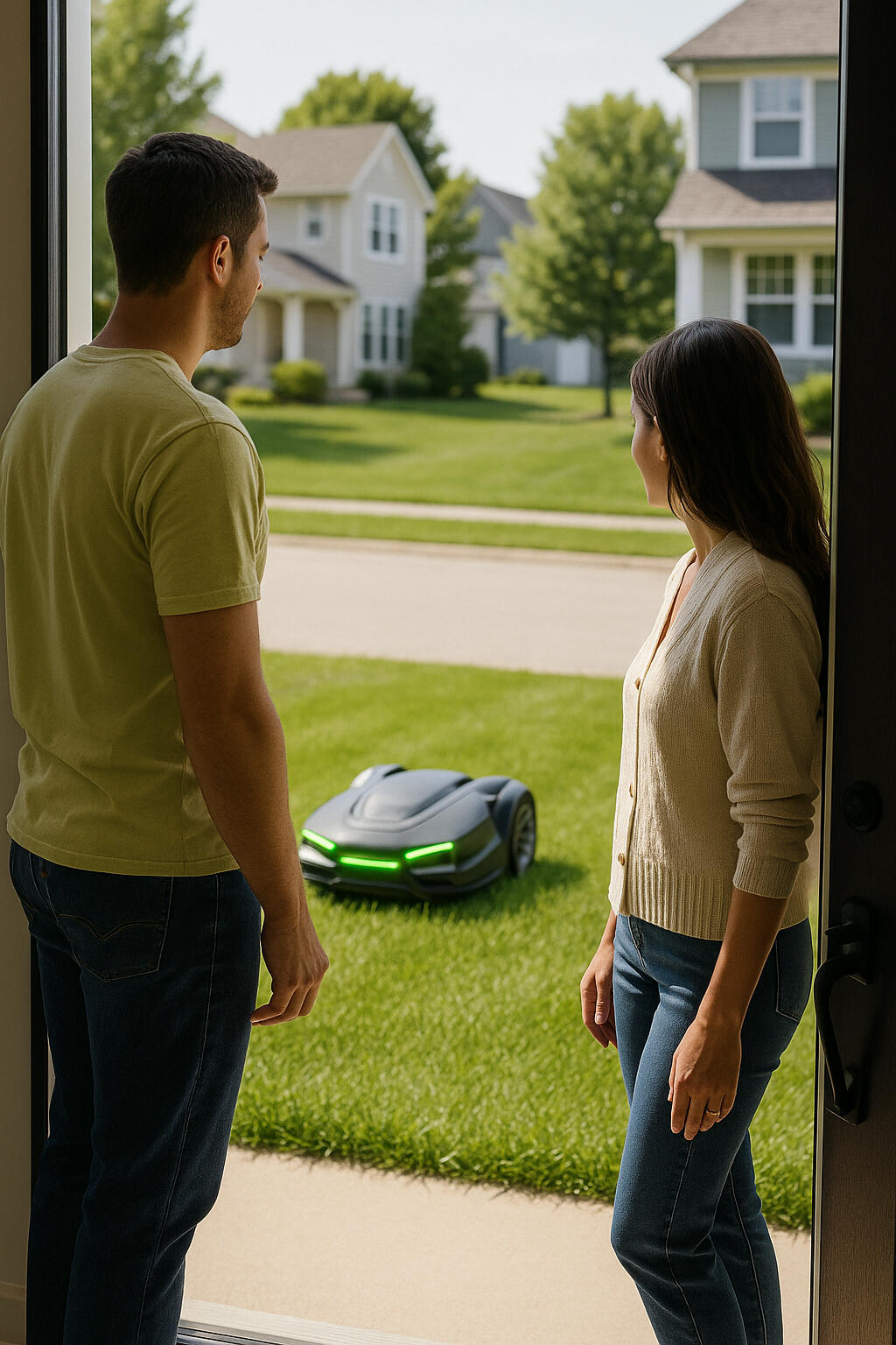 North Oaks, MN, homeowners watching robot mower from front door